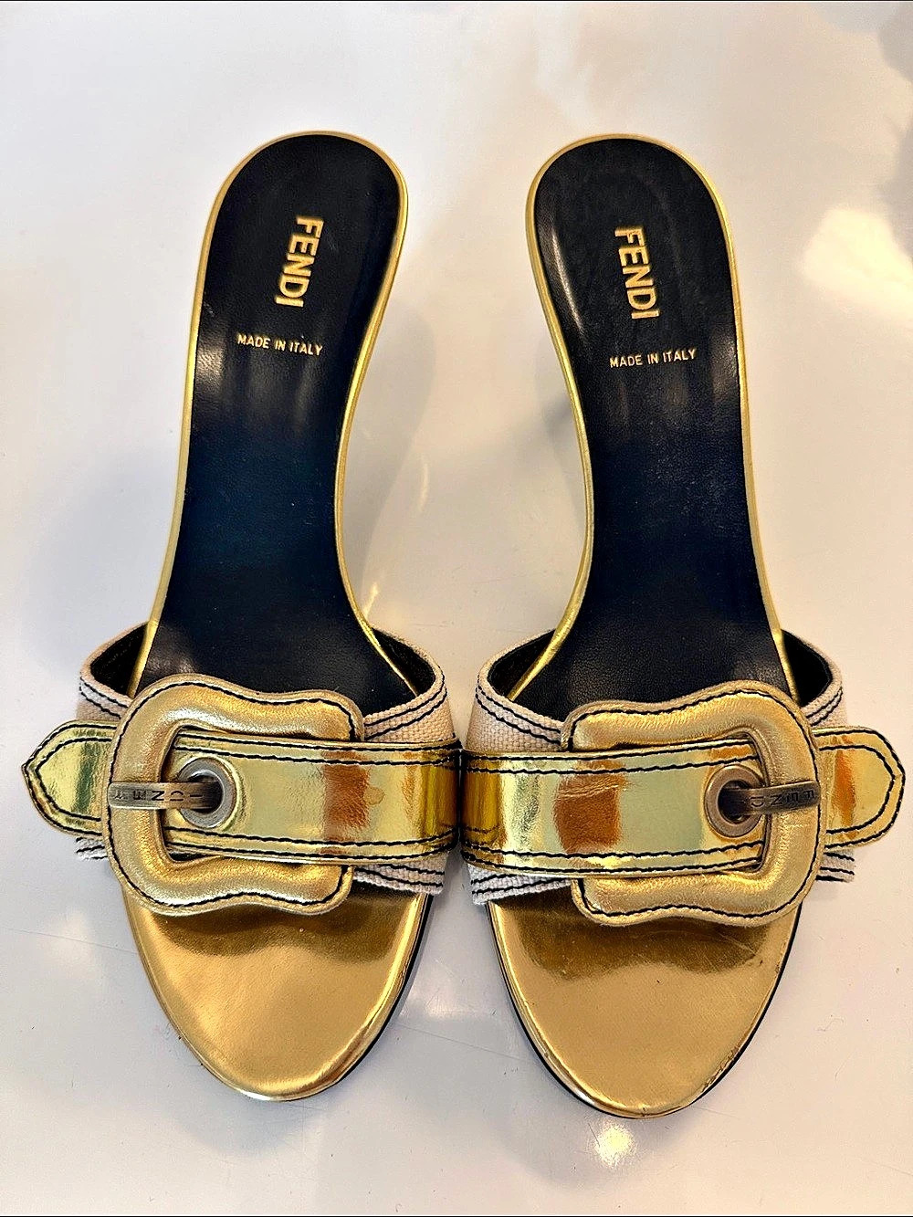 Fendi Metallic Buckle Heels in Gold & White EU 38.5